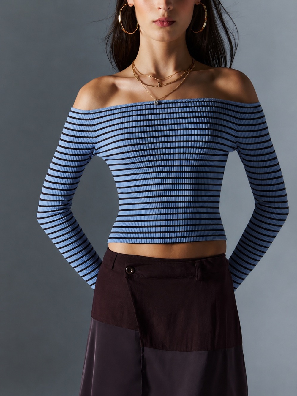 Silence + Noise Berlin Off The Shoulder Sweater Blue Brown Striped Ribbed Knit S